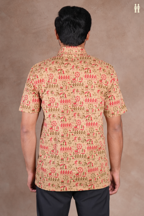 Regular Collar Warli Design Brown Cotton Shirt