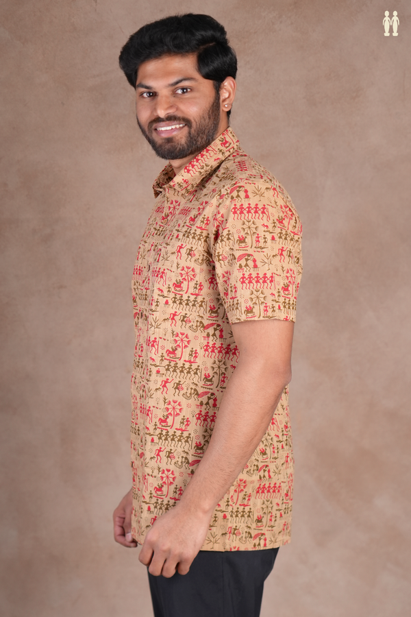 Regular Collar Warli Design Brown Cotton Shirt