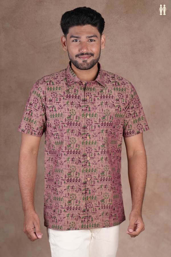 Regular Collar Warli Design Dual Tone Cotton Shirt