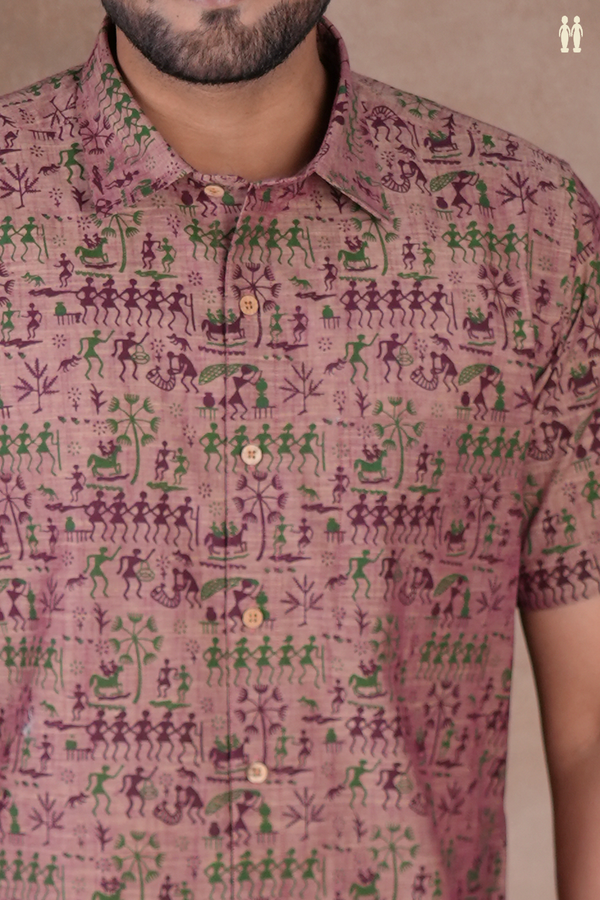 Regular Collar Warli Design Dual Tone Cotton Shirt