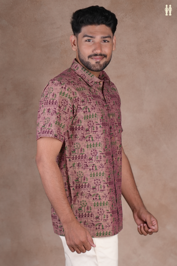 Regular Collar Warli Design Dual Tone Cotton Shirt
