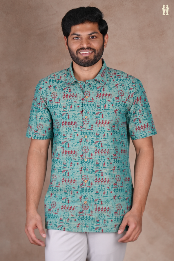 Regular Collar Warli Design Green Cotton Shirt