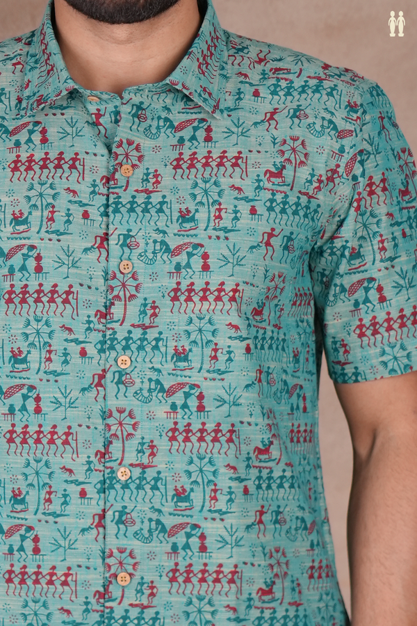 Regular Collar Warli Design Green Cotton Shirt