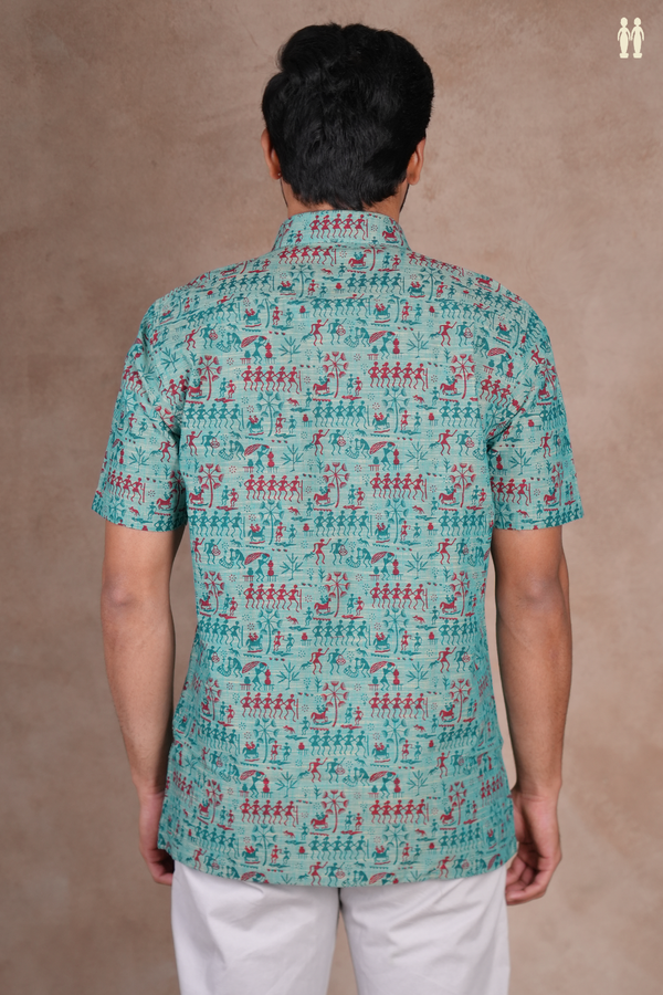 Regular Collar Warli Design Green Cotton Shirt
