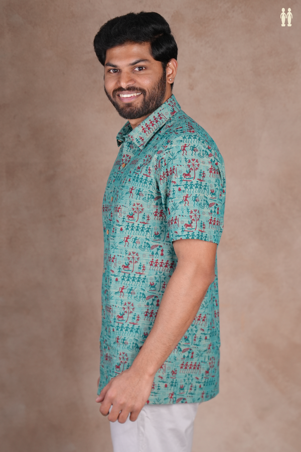 Regular Collar Warli Design Green Cotton Shirt