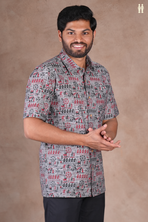 Regular Collar Warli Design Grey Cotton Shirt