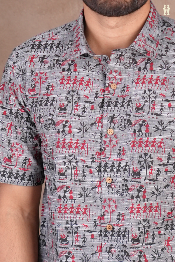 Regular Collar Warli Design Grey Cotton Shirt