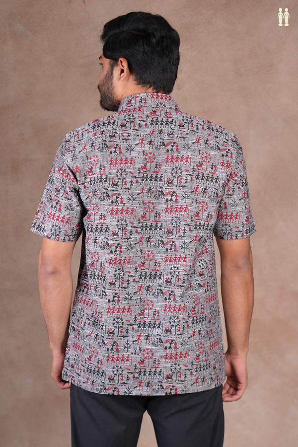Regular Collar Warli Design Grey Cotton Shirt