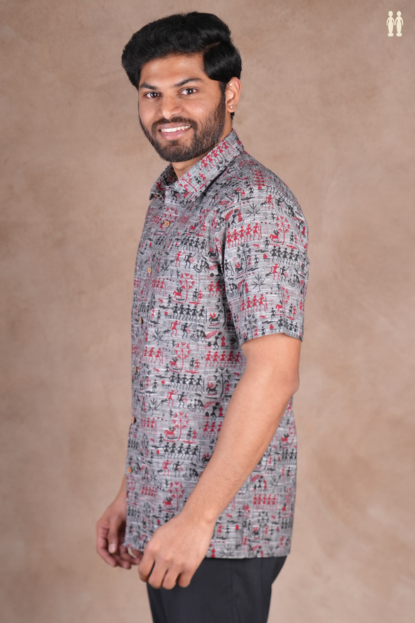 Regular Collar Warli Design Grey Cotton Shirt