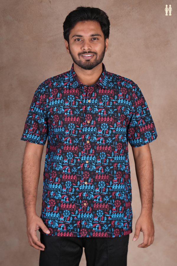 Regular Collar Warli Printed Black Cotton Shirt