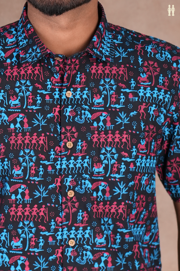 Regular Collar Warli Printed Black Cotton Shirt