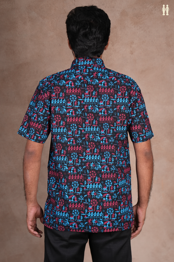 Regular Collar Warli Printed Black Cotton Shirt