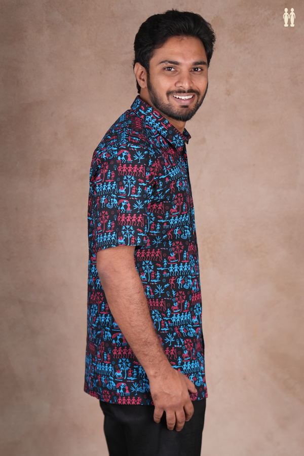 Regular Collar Warli Printed Black Cotton Shirt