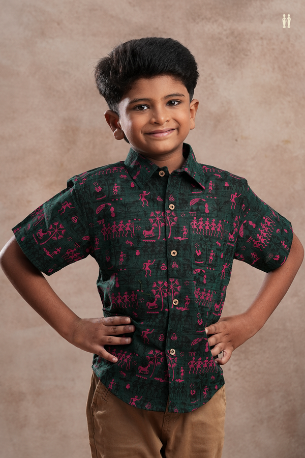 Regular Collar Warli Printed Bottle Green Cotton Shirt