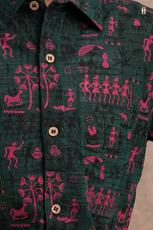Regular Collar Warli Printed Bottle Green Cotton Shirt