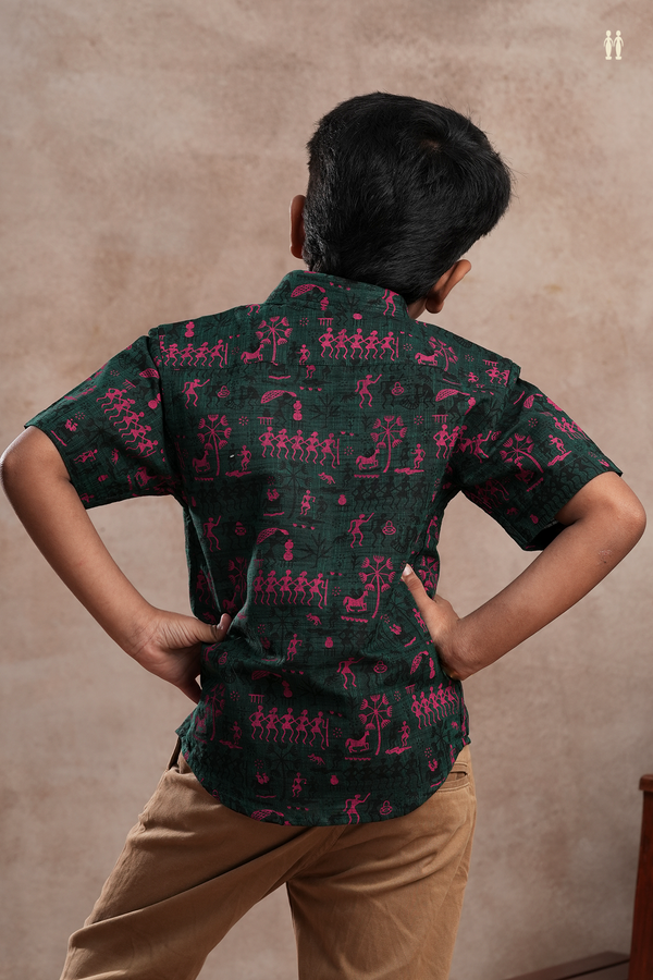 Regular Collar Warli Printed Bottle Green Cotton Shirt