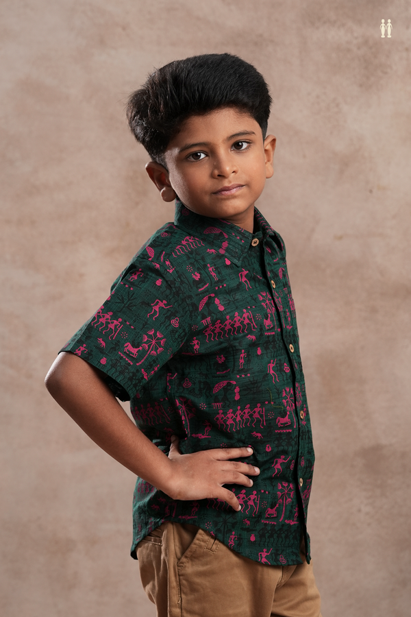 Regular Collar Warli Printed Bottle Green Cotton Shirt