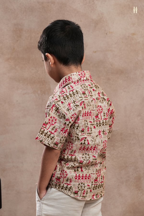 Regular Collar Warli Printed Design Khaki Cotton Shirt