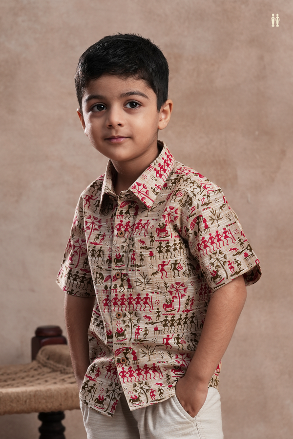 Regular Collar Warli Printed Design Khaki Cotton Shirt