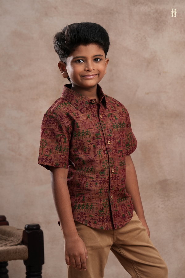 Regular Collar Warli Printed Design Red Cotton Shirt