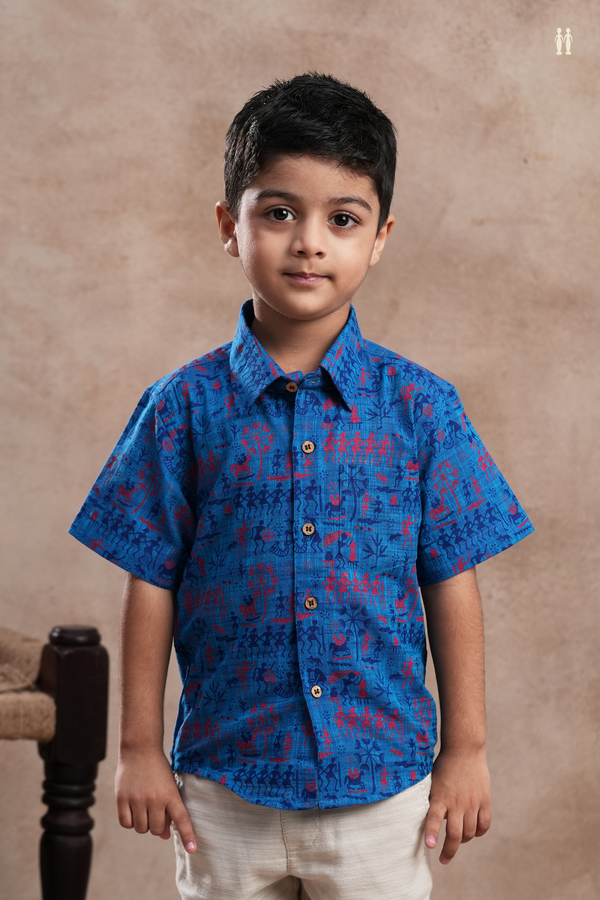 Regular Collar Warli Printed Royal Blue Cotton Shirt