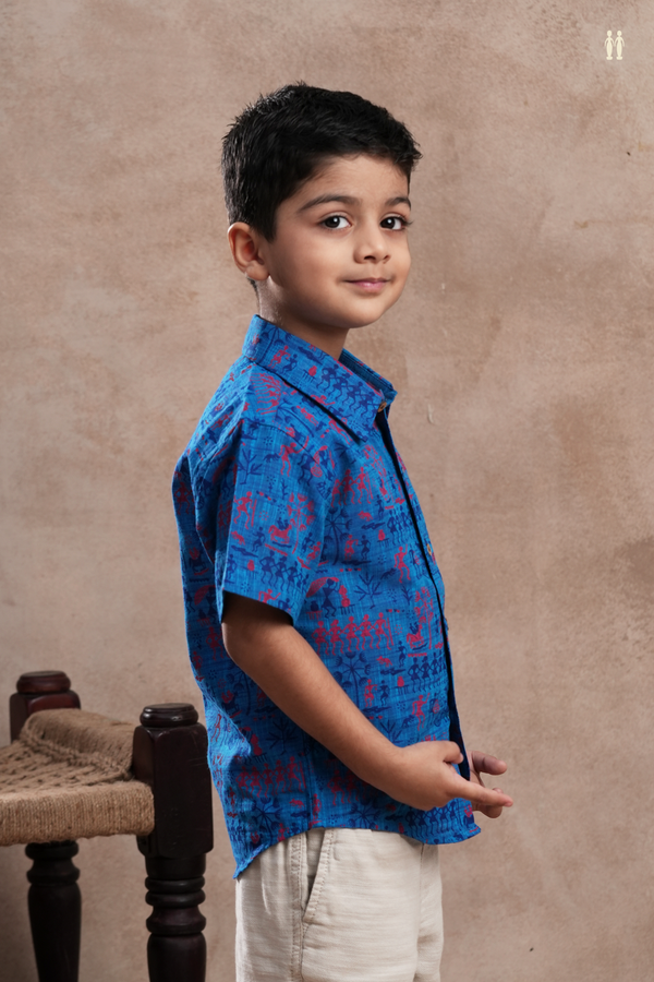 Regular Collar Warli Printed Royal Blue Cotton Shirt