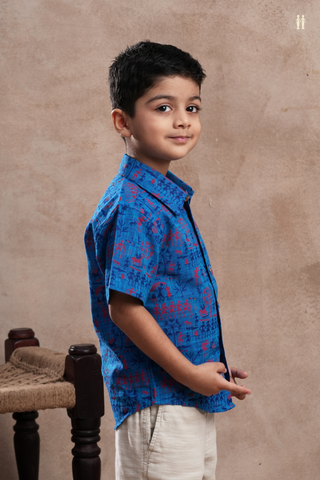 Regular Collar Warli Printed Royal Blue Cotton Shirt