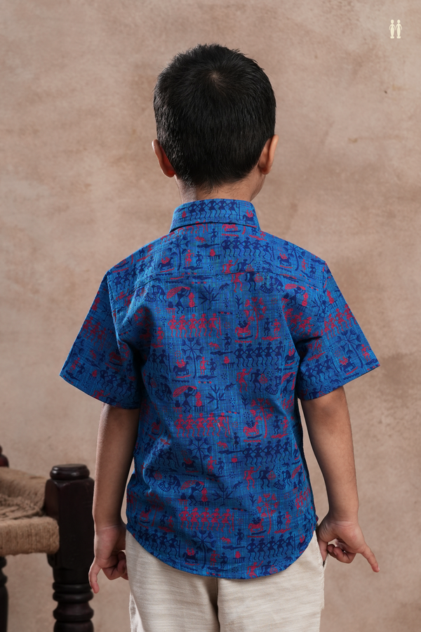 Regular Collar Warli Printed Royal Blue Cotton Shirt