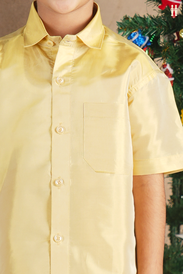 Regular Collar Yellow Silk Shirt With Velcro Dhoti Set