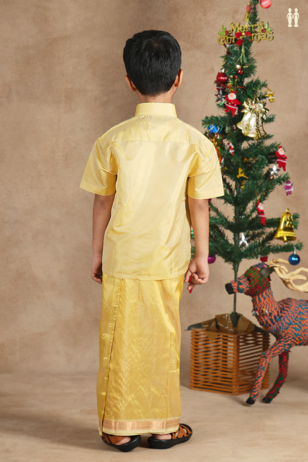 Regular Collar Yellow Silk Shirt With Velcro Dhoti Set