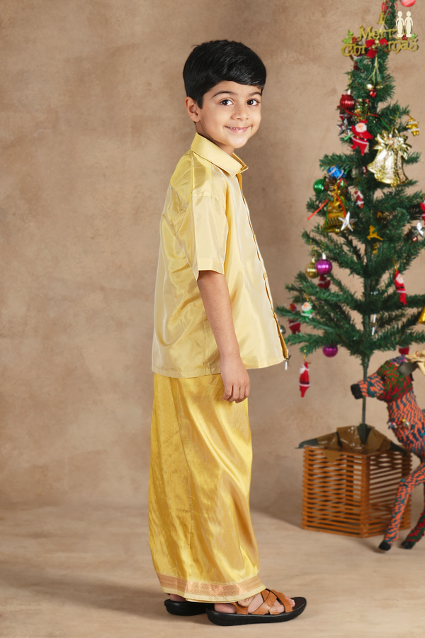 Regular Collar Yellow Silk Shirt With Velcro Dhoti Set