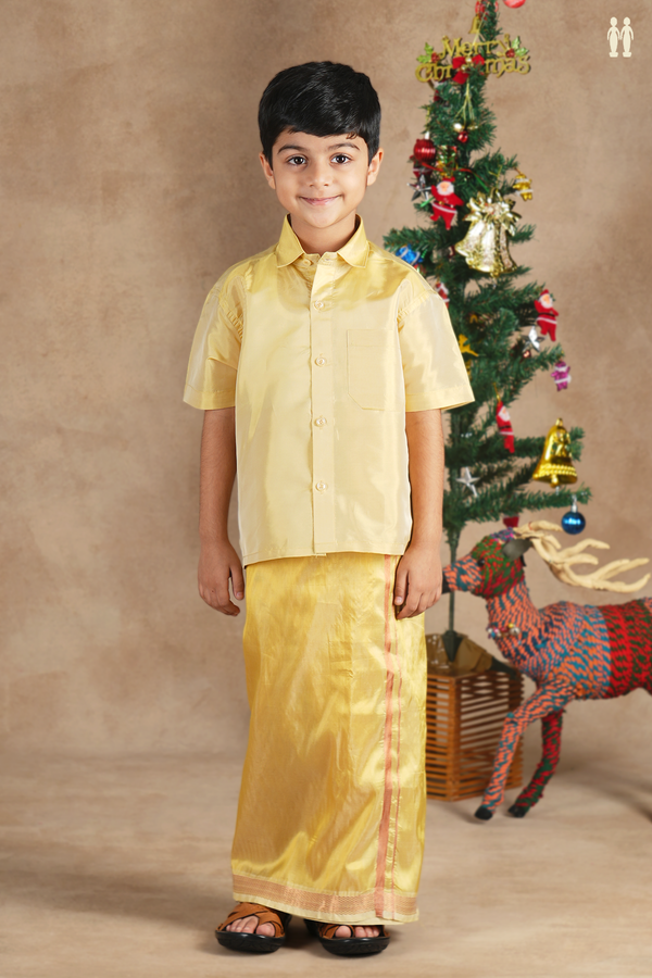 Regular Collar Yellow Silk Shirt With Velcro Dhoti Set
