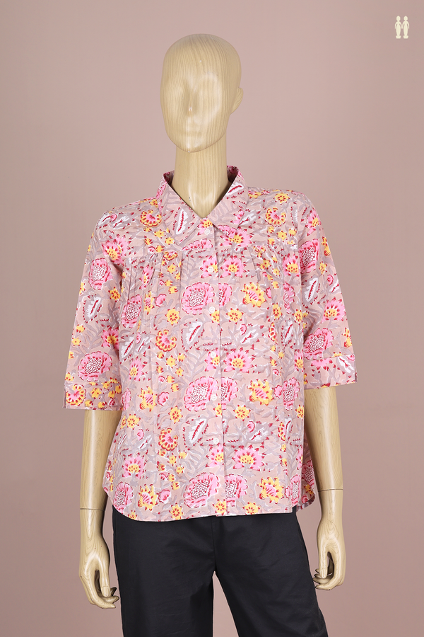 Regular Neck Floral Design Brown Cotton Short Top