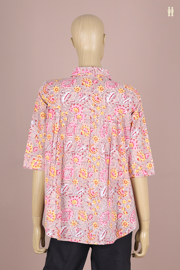 Regular Neck Floral Design Brown Cotton Short Top