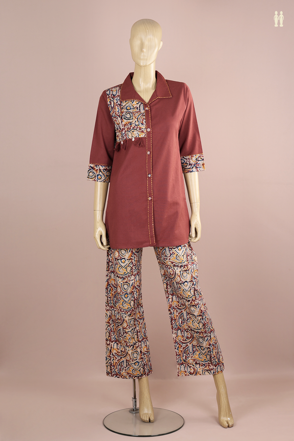 Regular Neck Kalamkari Design Brown Cotton Top And Bottom Set