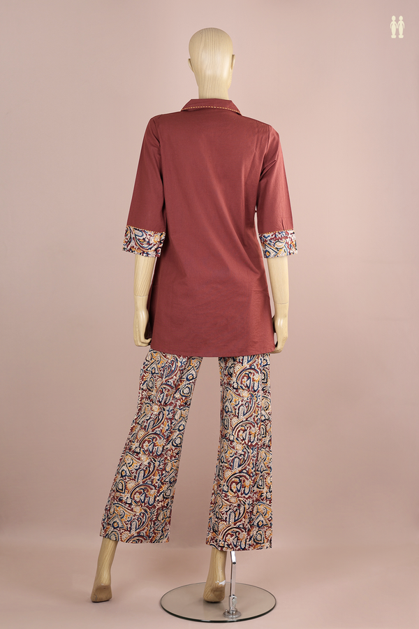 Regular Neck Kalamkari Design Brown Cotton Top And Bottom Set