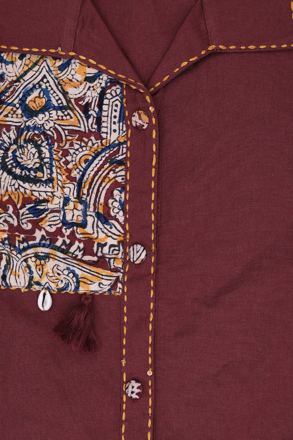 Regular Neck Kalamkari Design Brown Cotton Top And Bottom Set
