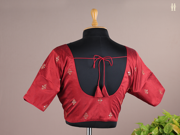Round Neck Allover Buttas Red Semi Raw Silk Readymade Blouse