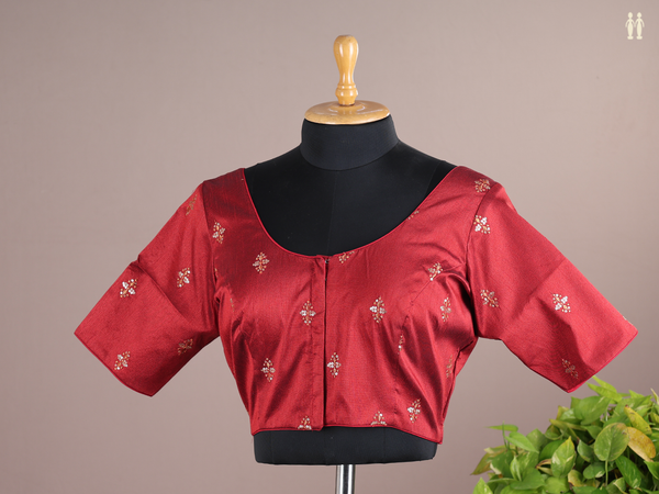 Round Neck Allover Buttas Red Semi Raw Silk Readymade Blouse