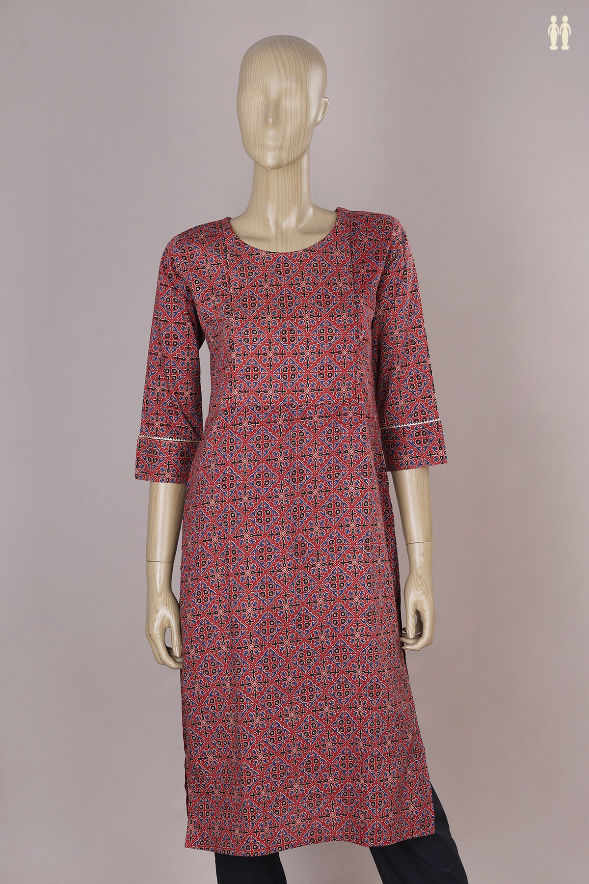 Round Neck Allover Design Rust Red Cotton Feeding Long Kurta