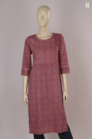 Round Neck Allover Design Rust Red Cotton Feeding Long Kurta