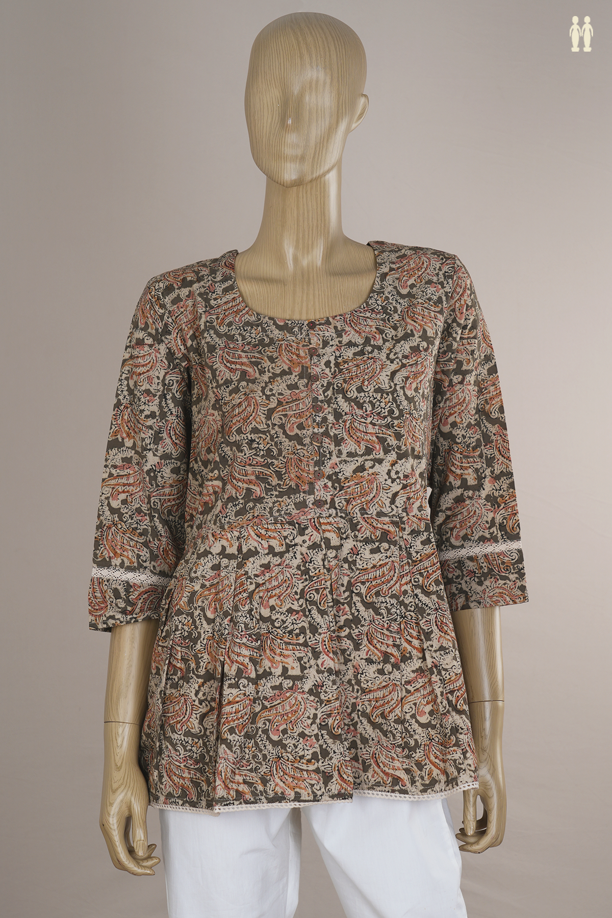 Round Neck Cardamom Green Kalamkari Cotton Short Top