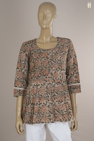 Round Neck Cardamom Green Kalamkari Cotton Short Top