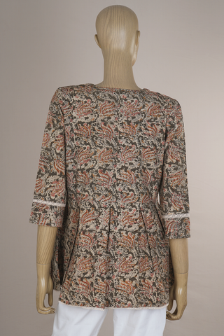 Round Neck Cardamom Green Kalamkari Cotton Short Top