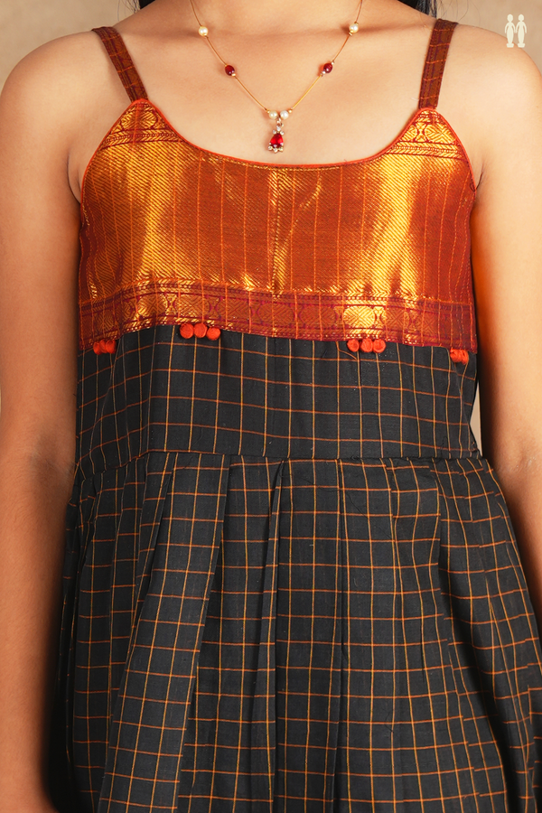 Round Neck Checks Design Black Cotton Frock