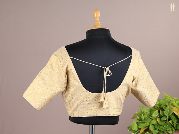 Round Neck Checks Design Gold Semi Raw Silk Readymade Blouse