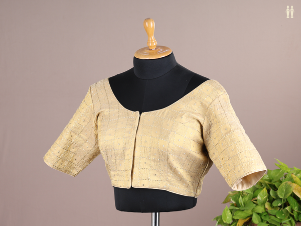 Round Neck Checks Design Gold Semi Raw Silk Readymade Blouse
