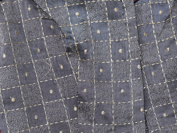 Round Neck Checks Design Grey Semi Raw Silk Readymade Blouse