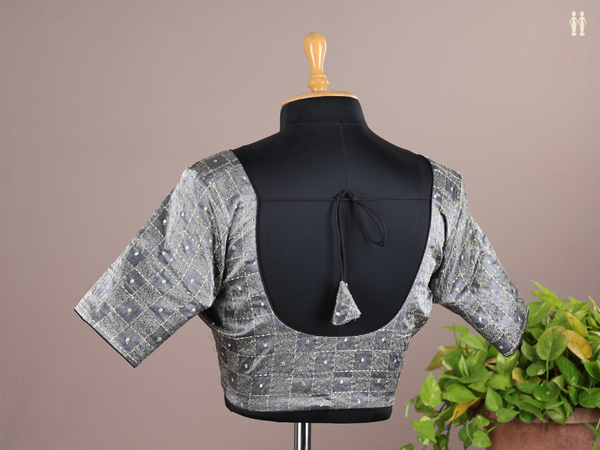 Round Neck Checks Design Grey Semi Raw Silk Readymade Blouse