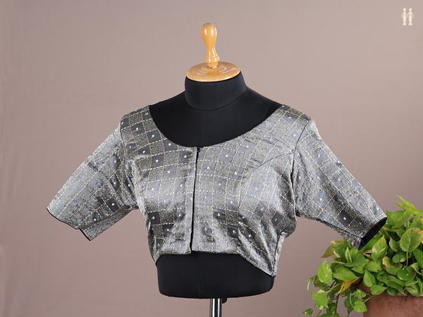 Round Neck Checks Design Grey Semi Raw Silk Readymade Blouse